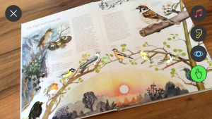 Eine gescannte Kinderbuchseite mit Vögeln: Alle Vögel sind schon da. 