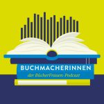 Neues Podcast-Logo Buchmacherinnen mit einem Stapel Bücher und einer Audiowelle.